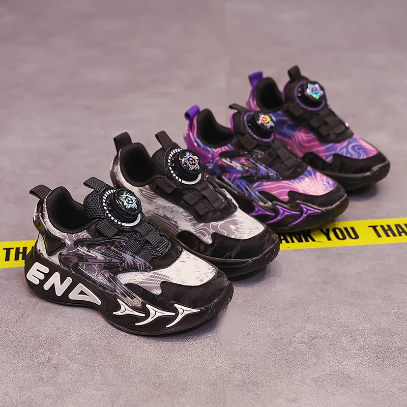Children Sneakers Rotating Button Handsome Kids Sports Shoes Casual Breathable 2025 Autumn New Students Running Shoes Non-slip