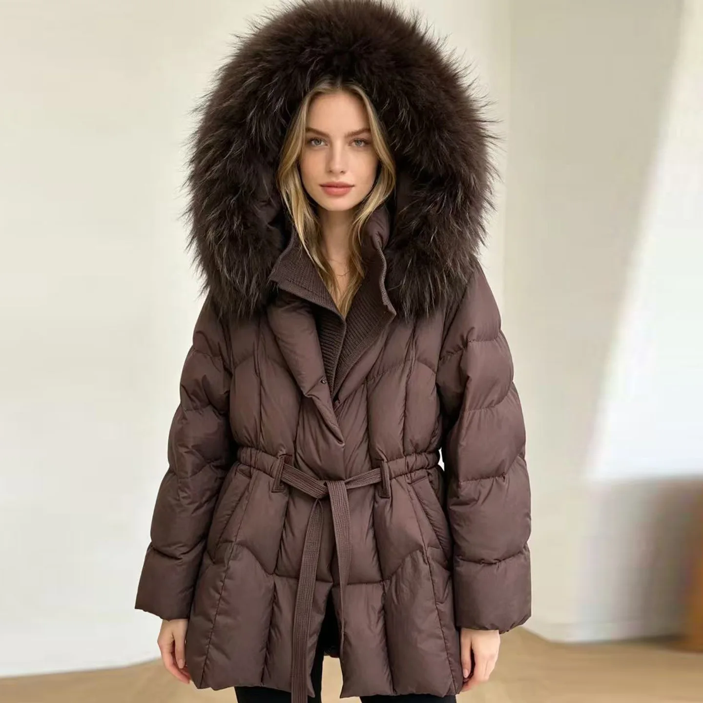 Winter Natural Large Fur Collar Mid-length Down Jacket Female Hooded Warm Parker Jacket Women White Duck Down Lace Up Outwears