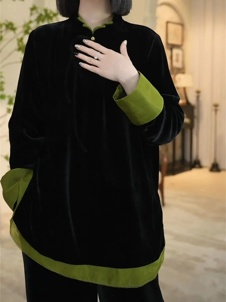 

Ele Chinese Sle Long Sve irt Women's Autumn Winter New Sle Fake Two-Piece Cover Belly Midi Length Top