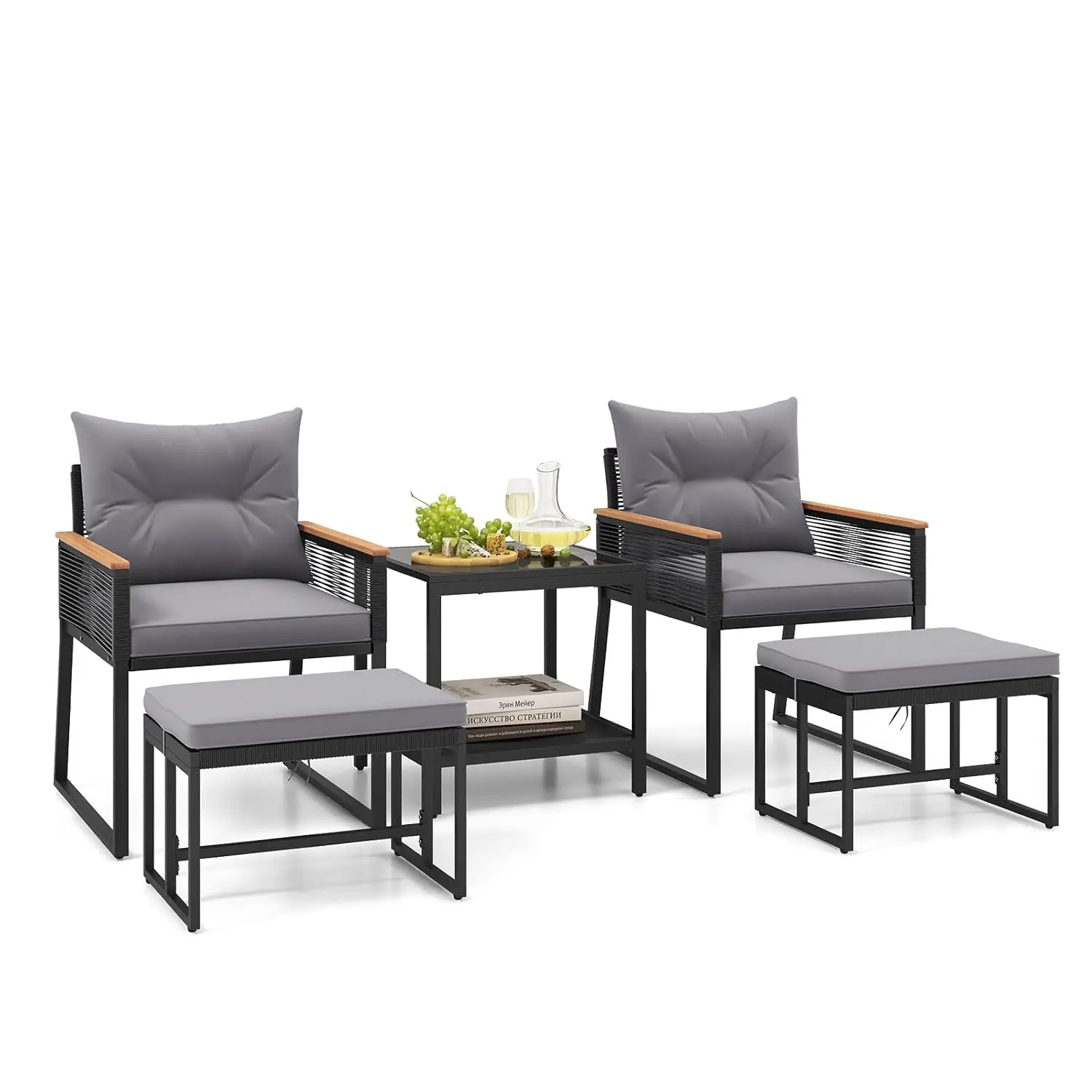 5 Piece Rattan Patio Set with Ottomans Cushions 2 Tier Table Outdoor Furniture Backyard Garden Poolside, Customized