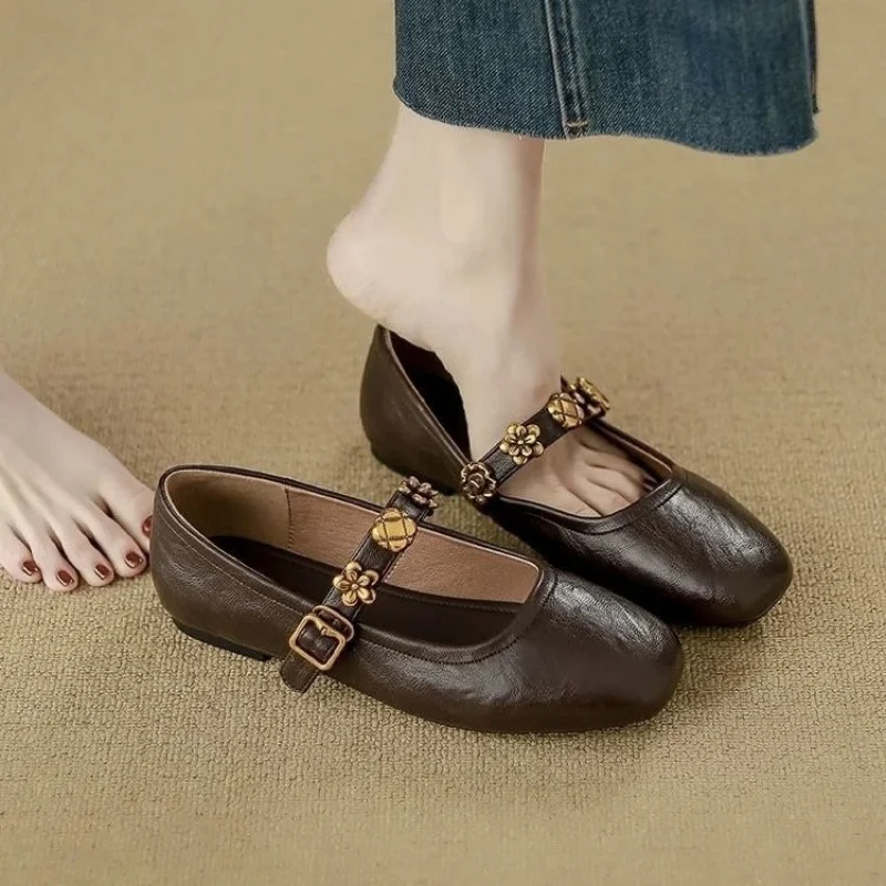 

French Style Flat Ballet Shoes Women's Mango Head Soft Retro Mary Jane Shoes Leather Version Low Heel round Toe Rubber Sole