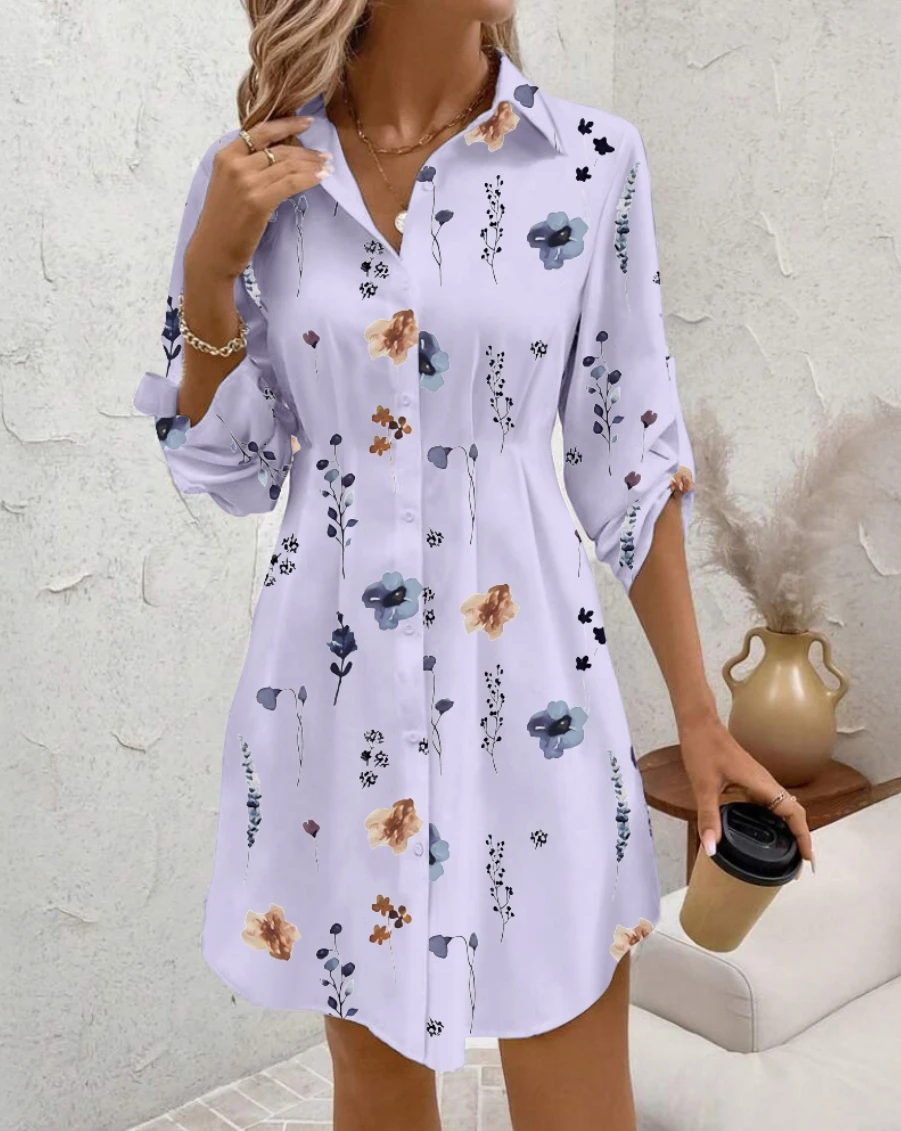 Women's Autumn Fashion Flower Print Long Sleeve Midi Dress Femme Casual Shirt Dress Slim Waist Beach Dress