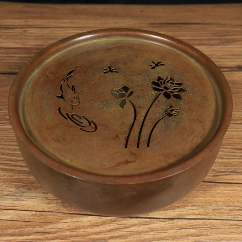 Pure copper , dry brewing platform, ceremony round water storage tea tray, craft featuring cranes, koi fish, lotus f