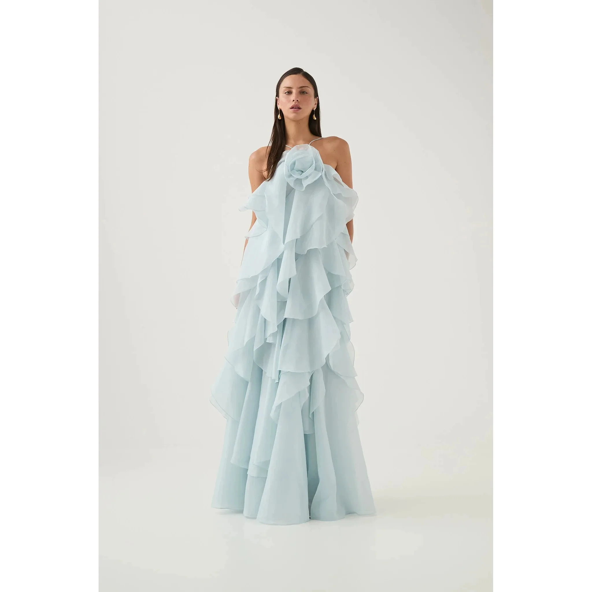 

2025 Latest New Ruffles Irregular Hem Halter Women Elegant Maxi Dress