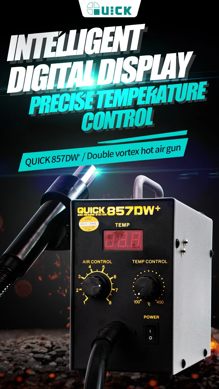 QUICK 857DW+ Soldering Station Adjustable Hot Air Gun Station With Helical Wind 580W SMD Rework Station Heating Element