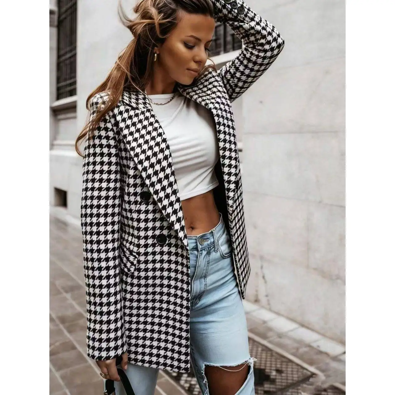 

Spring New Style Professional Work Commute Suit Coat Black White Plaid Long Sleeve Women's Fashion Polyester Fiber Casual