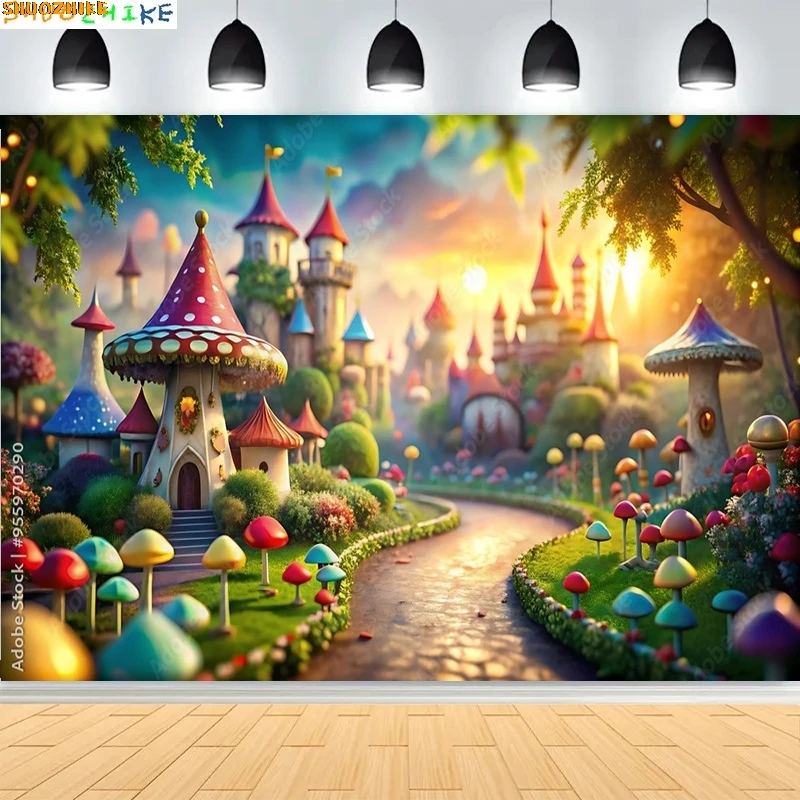 

Fairy Tale Magical Forest Photography Backdrops Mushrooms Sunlight Gingerbread House Life Tree in Wonderland Background MF-02