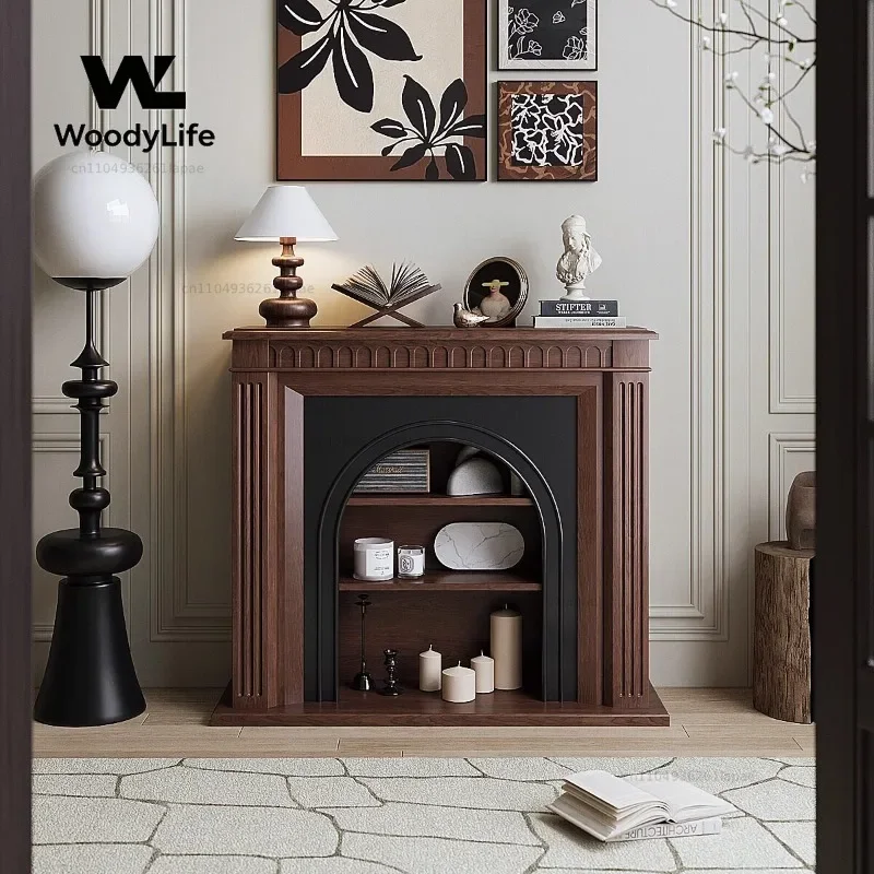 French Retro Fireplace Imitation Fire Decorative Cabinet, Walnut Color Storage Rack, Atomized Second-hand Entrance Cabinet