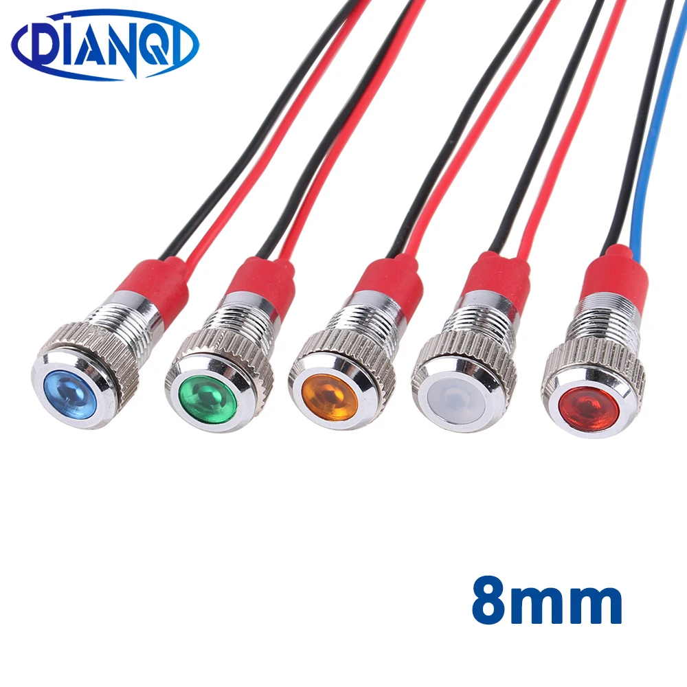 Luz indicadora de Metal LED de 8mm, lámpara de señal impermeable, luz de punto con cable rojo, amarillo, azul, verde, blanco, 3v12v24v220v