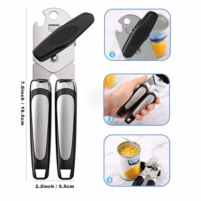 Side Cut Multifunctional Stainless Steel Can Opener, Ergonomic Grip Tin Bottle Opener, Professional Manual Kitchen Gadget
