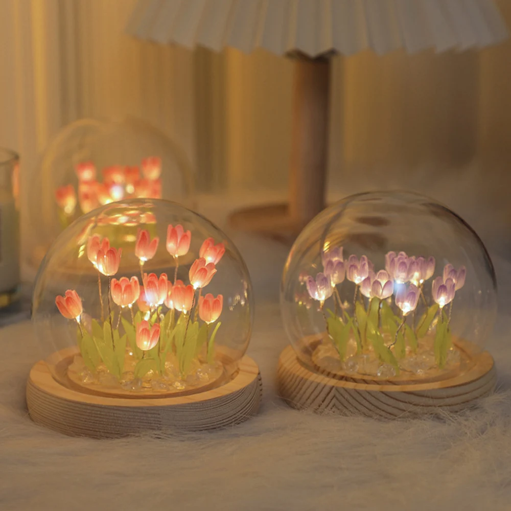 Luz LED nocturna de tulipán de simulación DIY, lámpara de mesa de flores con pilas, tulipanes, Material hecho a mano, luces de noche, decoración de dormitorio