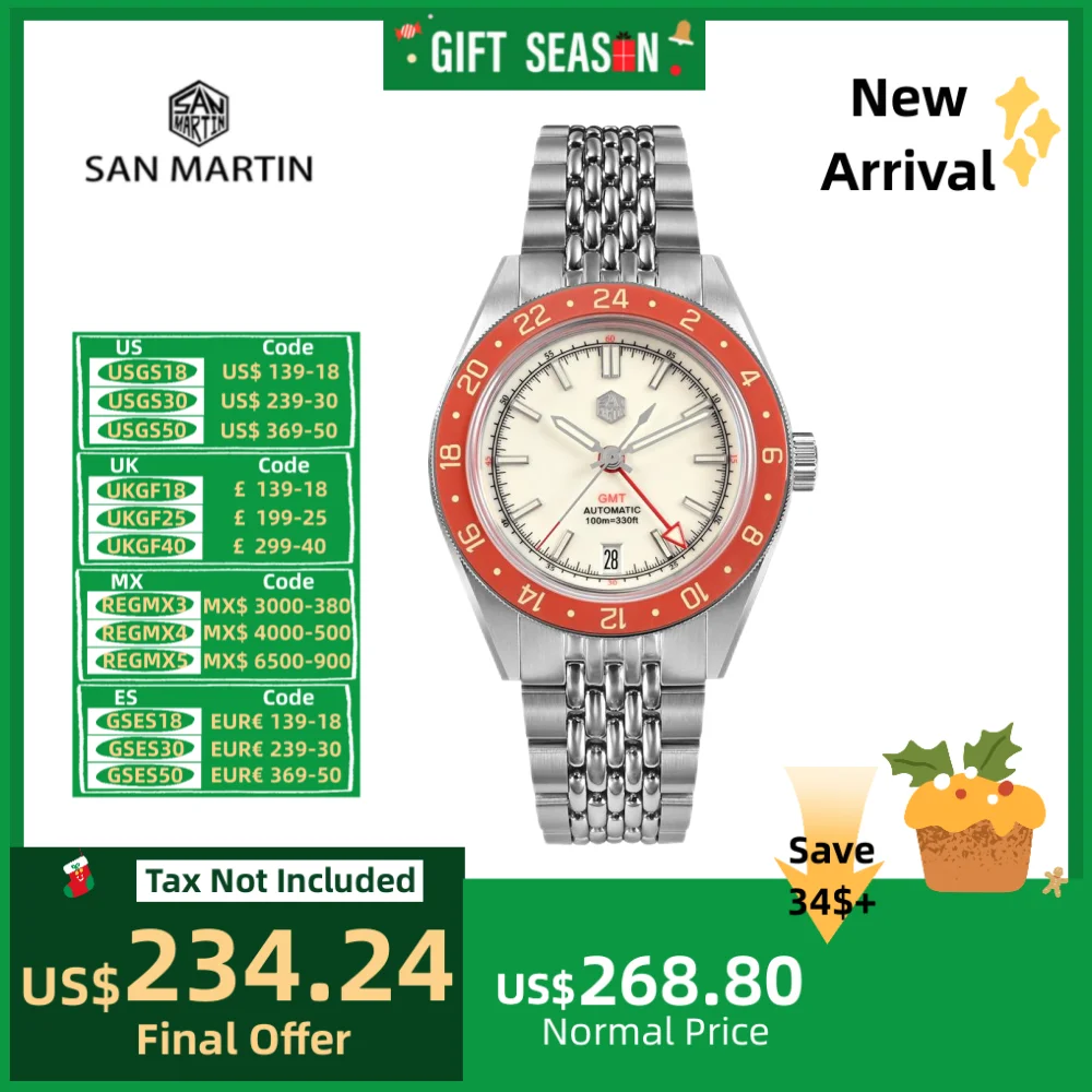 San Martin 39.5mm Limited Edition Full Dial Lume Coated NH34 GMT Automatic Mens Watch 6H Date 10Bar Luxury Kol Saati SN0116W