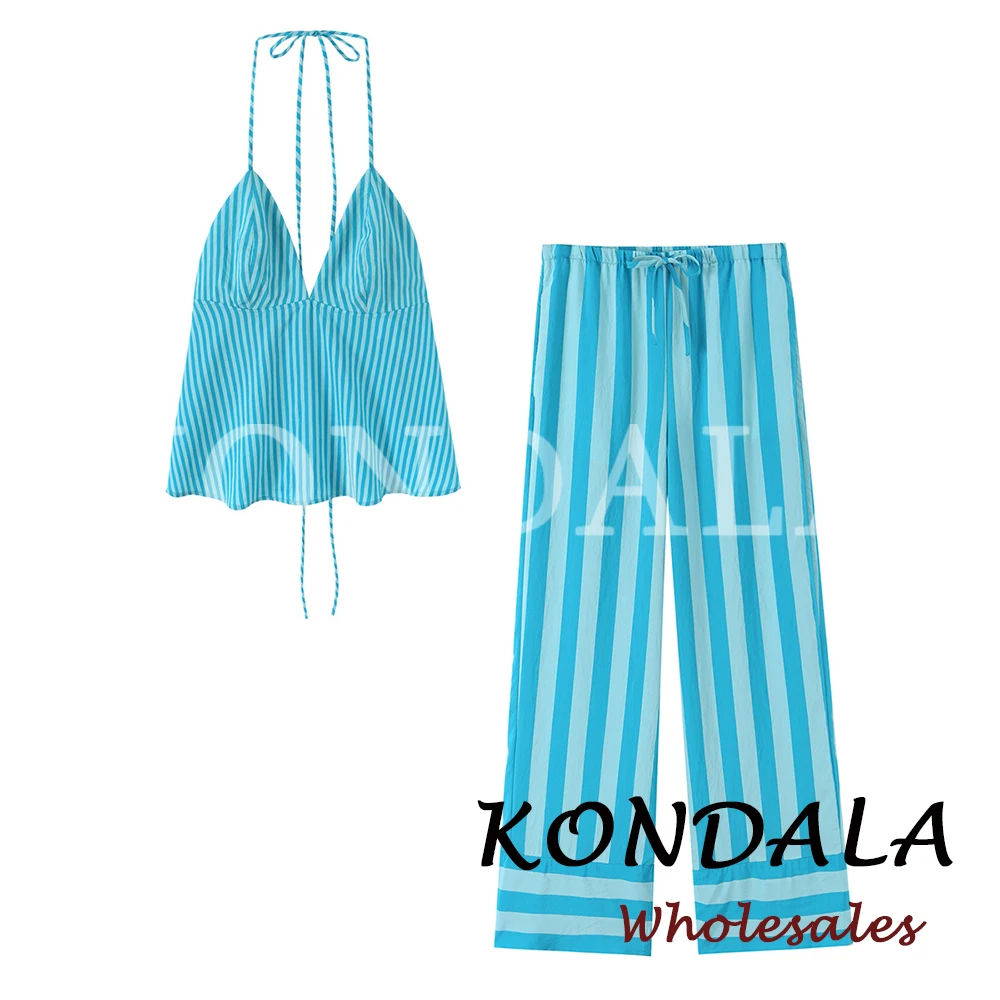 KONDALA Fashion 2026 Gestreifter Damen Blauer Anzug Sommer Neckholder Y2K Weste + Elastische Taille Gerade Hose Urlaub Strand Party Set