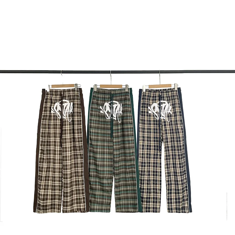 

Synaworld American High Street Loose Fit Printed Straight Leg Dstring Long Trousers Contrast Color Plaid Casual Pants