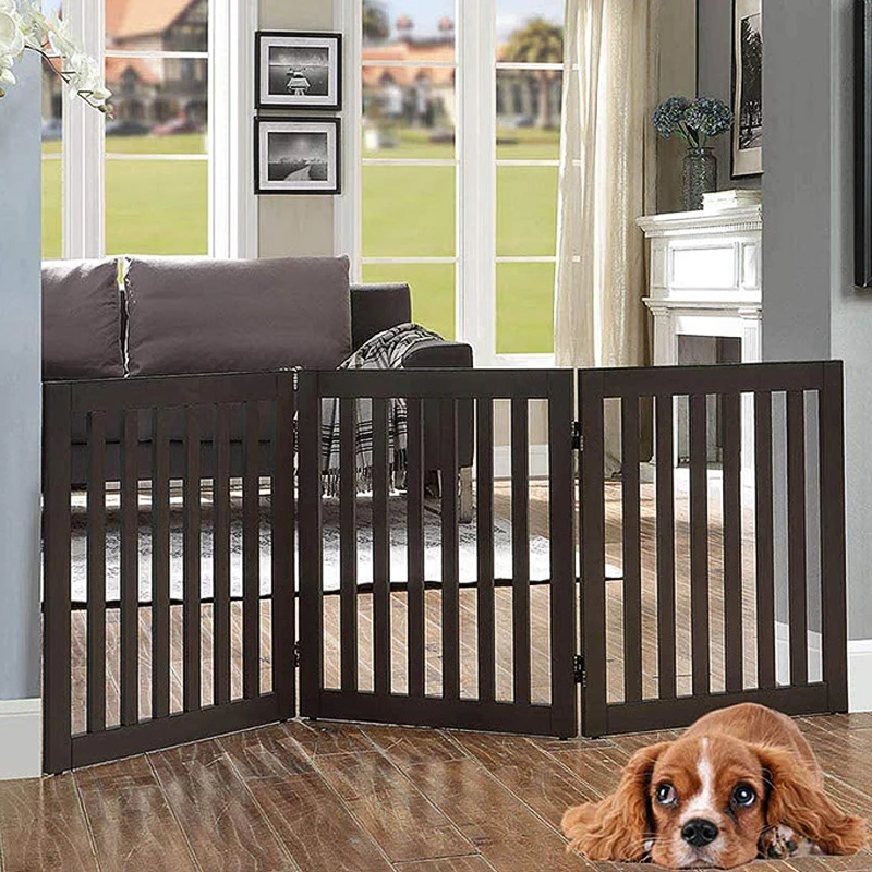 Free-standing Pet Gate for Dog Wooden  House Indoor Barrier Foldable Wood Safety Dog Fence