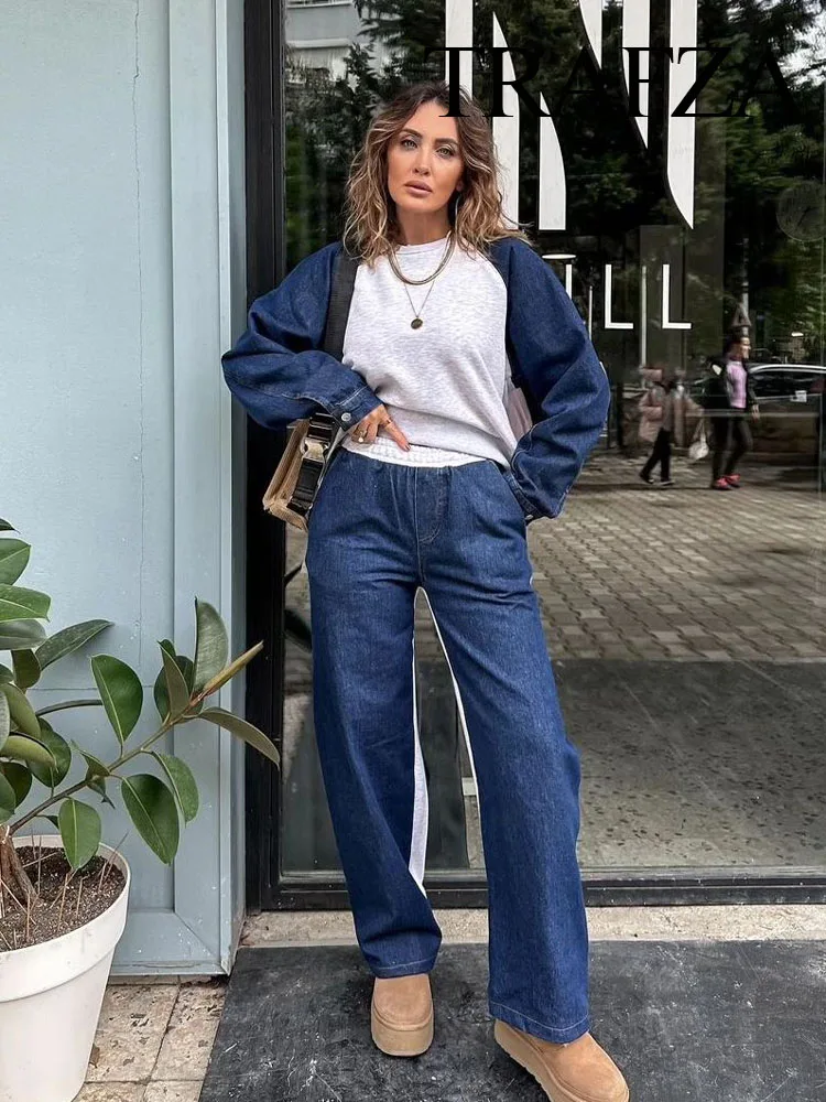 TRAFZA Female Autumn Sets Grey And Navy Blue O-Neck Long Sleeve Buttons Pullovers+Elastic Waist Pockets Zipper Wide Leg Pants