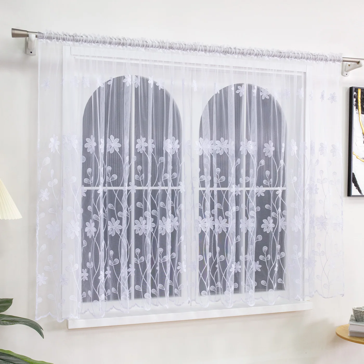 1PC Floral Embroidered Sheer Curtain Semi Translucent, Multi Use For Kitchen Living Room And Bedroom, Lovely Housewarming Gift