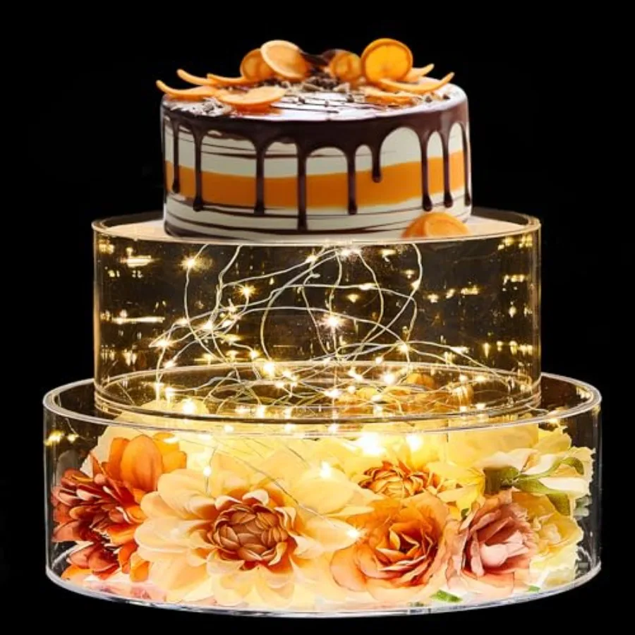 

2 Pcs Acrylic Cake Stands for Dessert Table Clear Fillable Cake Riser Cupcake Tier with LED Strings for Party Display(12'', 16''