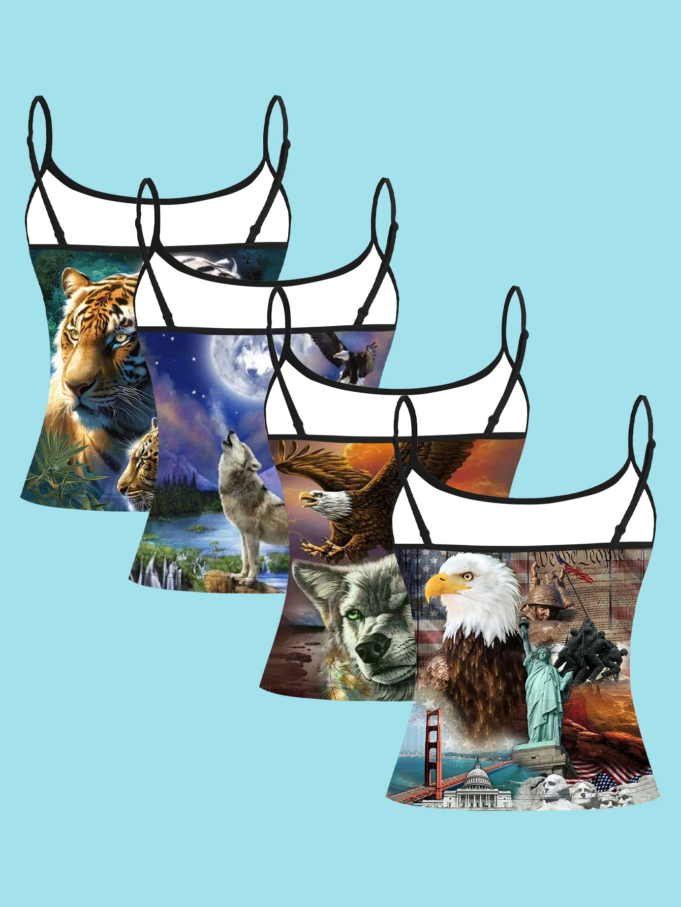4-Piece Set of American Wildlife Landscape Collage Print Camisoles, Featuring Jungle Tigers, Moonlit Wolf Howls, Bald Eagles, and Landmark Collages, Women's Slim-Fit Spaghetti Strap Sleeveless Tops for Outerwear or Layering