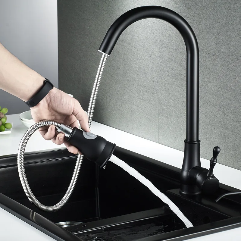 Nordic all copper black pull-out kitchen faucet vegetable washing basin water sink dishwashing sink splash-proof Faucet