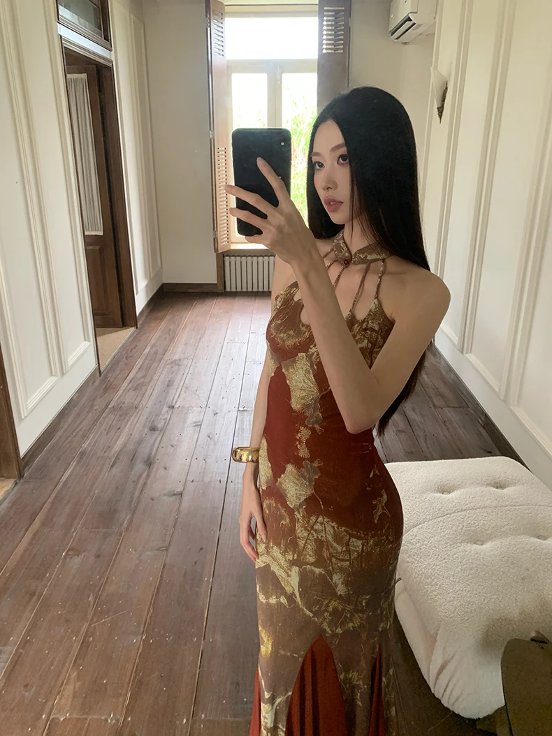 CHEERART Gold Lotus Leaf Floral Long Dresses For Woman Party Elegant Summer Halter Mermaid Bodycon Midi Dress Luxury Evening