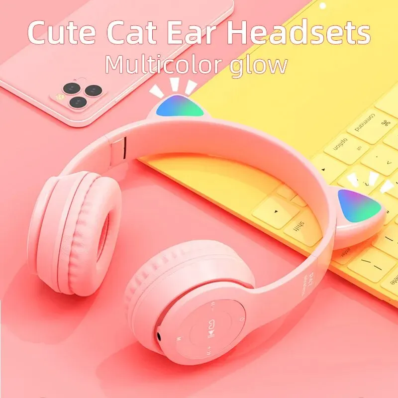 P47M Wireless Bluetooth Headset Gamer Cat LED Light Waterproof Noise Cancelling Earbuds Wireless Headphones Bluetooth Earphones