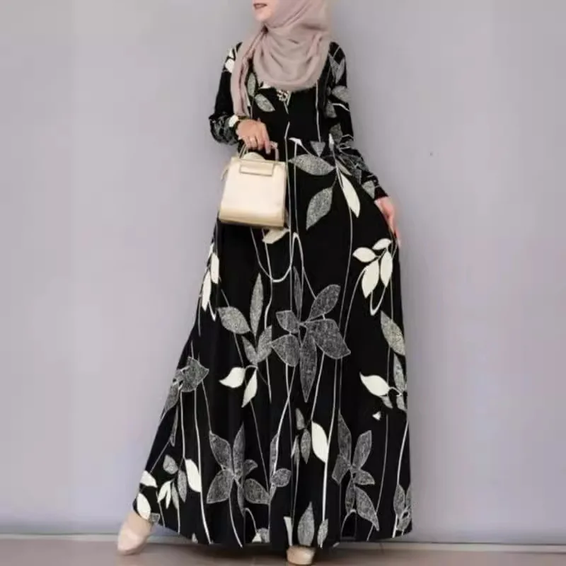 

2024 Muslim Floral Print Long Sleeved Large Hem Bohemian Robe Women's Holiday Sun Dress