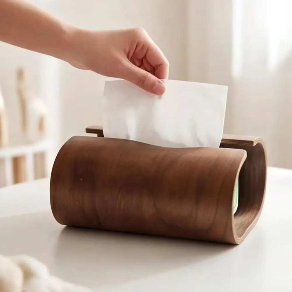 Rounded Edges Wooden Tissue Box Curved Structure Open-Sided Tissue Box Holder Luxury Style Facial Tissue Dispenser