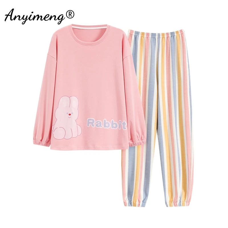 Cute Rabbit Print Cartoon Pajamas Autumn Winter Woman Pajama Sets Long Sleeves Full Pants Girl Nightwear Soft Women Pijamas