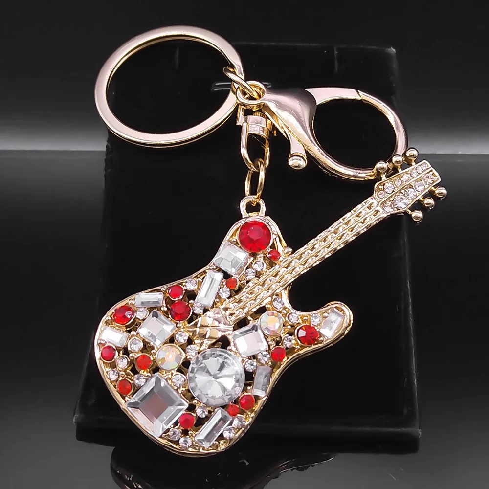 Attractive Musical Instrument Guitar Rhinestone Keyring Holder Hip Hop Music Purse Bag for Car Keychains Decorative Gift Jewelry