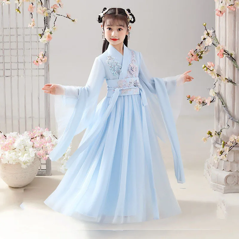 Chinese Style Flowy Hanfu Dress Girls Wide Sleeve Super Fairy Ancient Costume Summer Gown