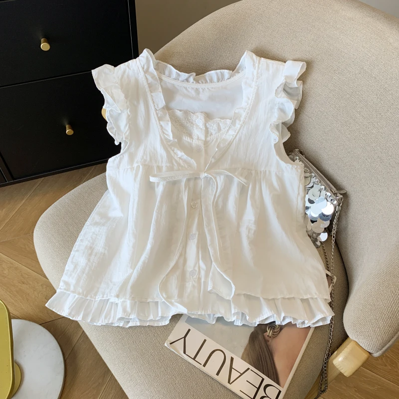 الكورية الحلو Cottagecore قميص بدون أكمام المرأة الأزرق منقوشة كشكش تقليم التعادل الجبهة وهمية قطعتين بيبي دول بلوزة مع بطانة الدانتيل