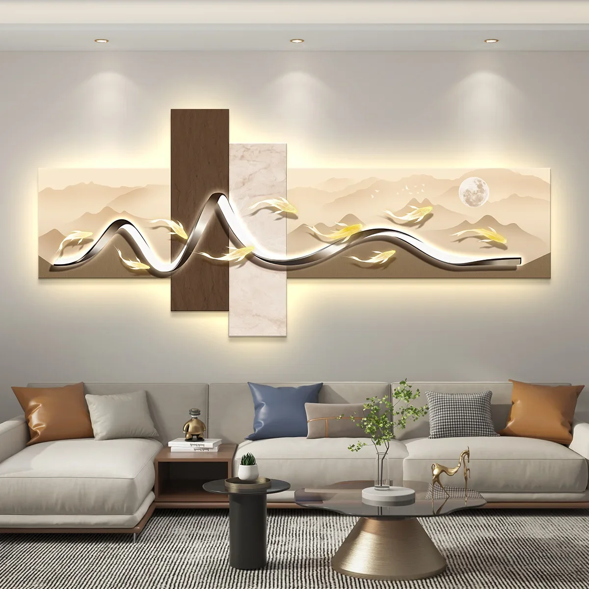 Light luxury with lamp nine fish picture living room decorative painting sofa background wall mural simple and modern