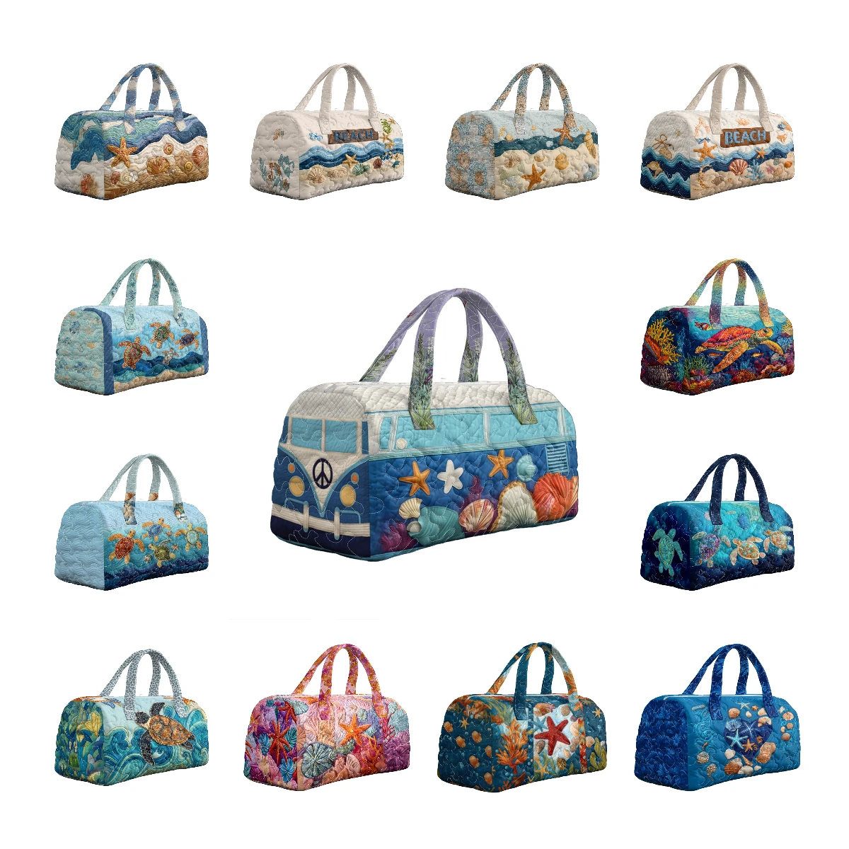 

Men's Coastal Starfish Print Quilted Duffle Bag Ocean Patchwork Travel Tote Women's Weekender Bag Outdoor Road Trips
