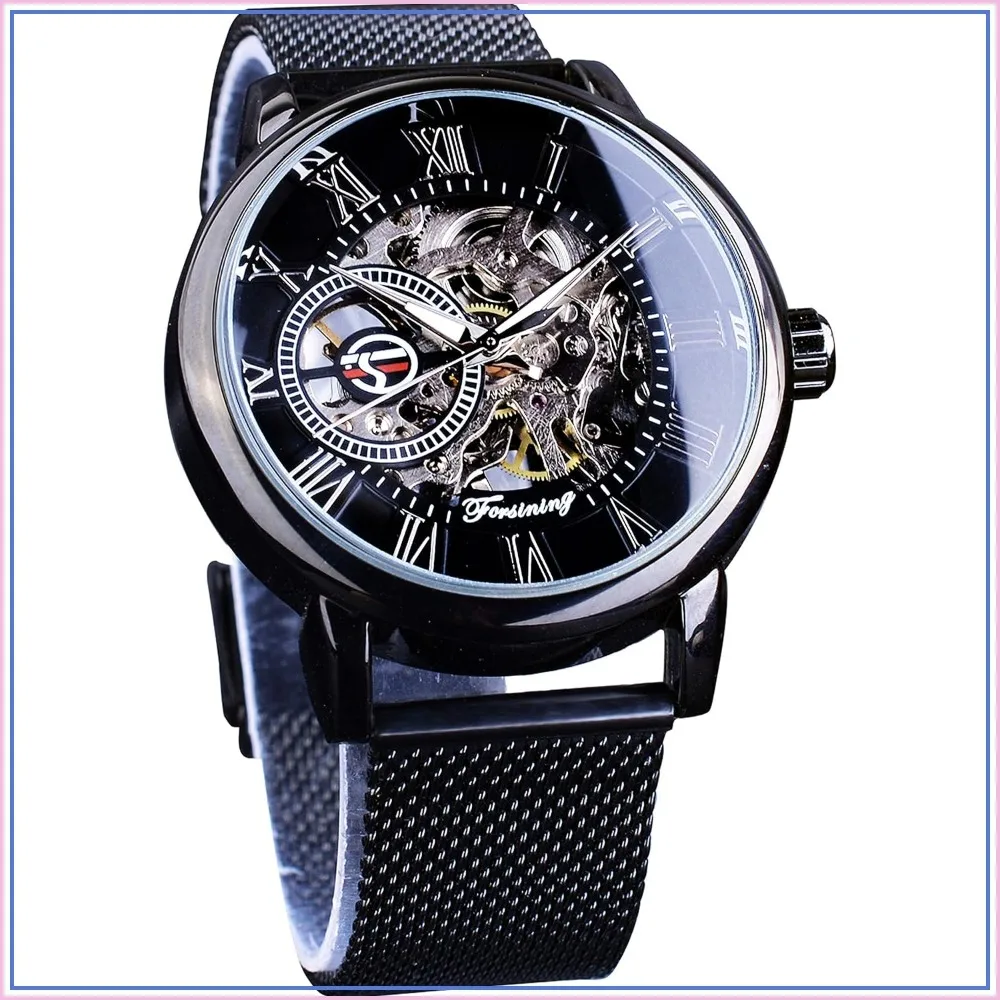 Men's Steampunk Skeleton Mechanical Watch, Black Retro Transparent Dial, Minimalist Design