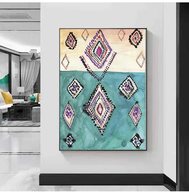 Decor Eclectic Poster , Watercolor Pink Eclectic Canvas Painting Modern Bohemian Home Wall Art Moroccan Rug Art Prints Boho Wall