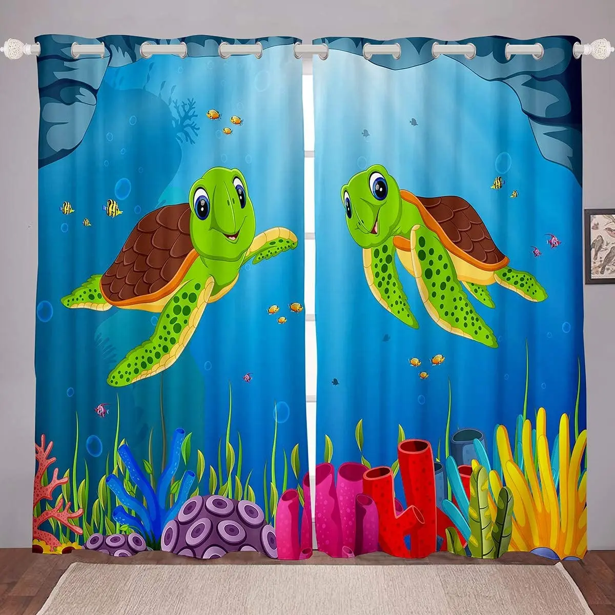 

Cartoon Sea Turtle Window Curtains for Bedroom, Ocean Marine Drapes, Underwater Sealife Room Decoration