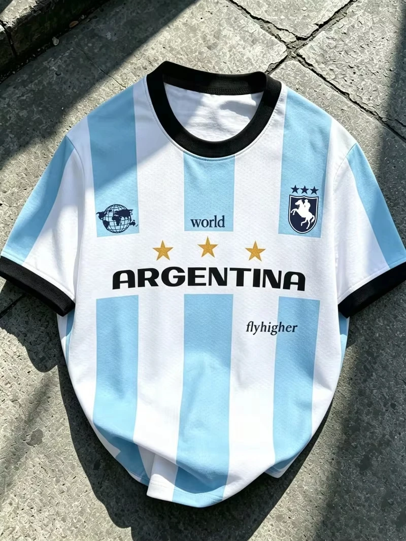 2026 Summer Argentina Style Football Ports T-shirt Breathable Gym Loose Athletic Short Sleeve Tops Men/Women/Kid Casual T-shirts