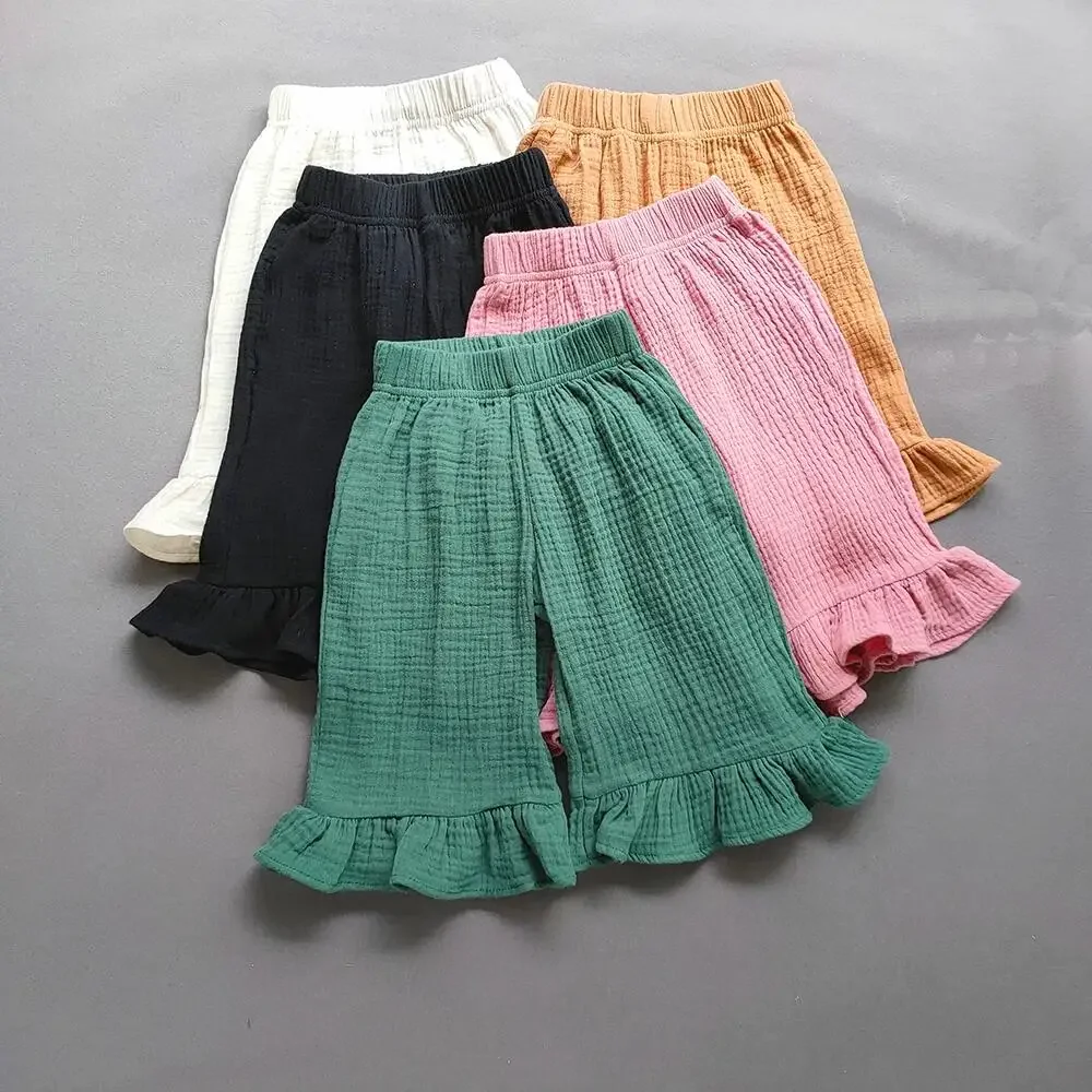 

New Girls Cotton Ruffled Flared Pants Children's Clothing Summer Solid Color Casual Kids Baby Girls Loose Ankle-Length Pants