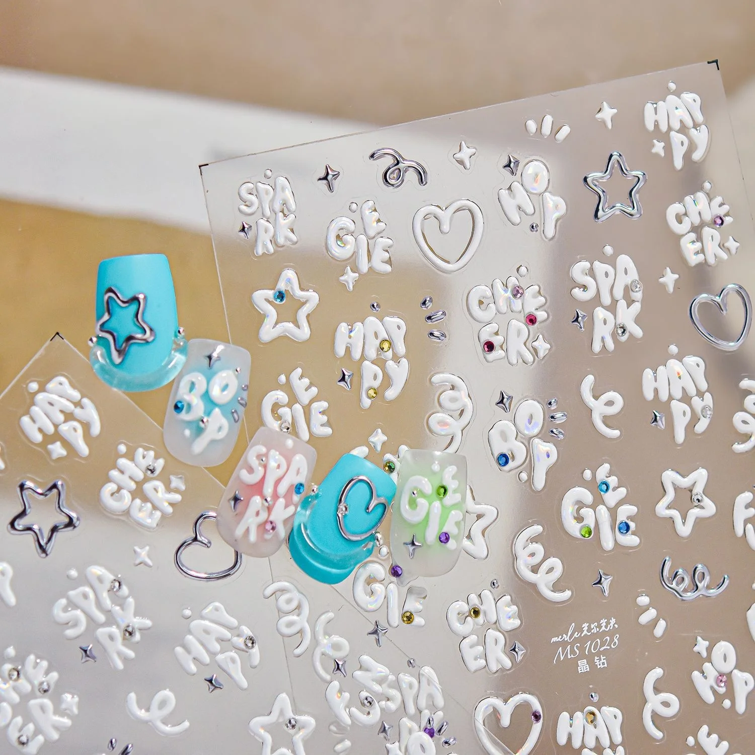 Hollow Round Bubble Font SPARK HAPPY CHEER Curly Line 5D Nail Stickers Heart Spark Star Twisted Decor Lines Self Adhesive Decal