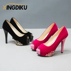 Sexy high-heeled women's sandals 12cm waterproof platform nightclub stiletto fish mouth shoes wedding shoes suede shoes bling