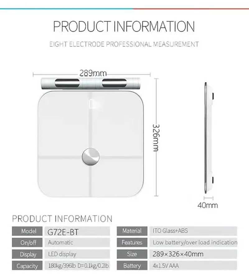 New Eight Electrode Intelligent Bluetooth Body Fat Scale For Fat Protein BMI Non-Inductive Dual Frequency Current Measurement