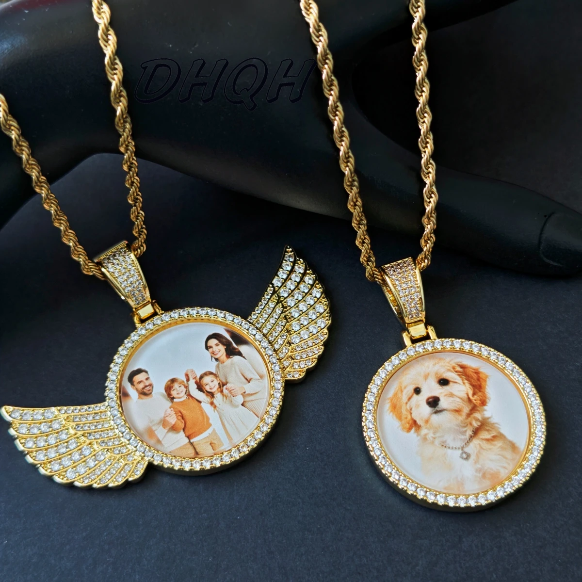 

Custom Rhinestone Angel Wing Photo Pendant Personalized Pet Family Portrait Hip Hop Rope Chain Anniversary Gift