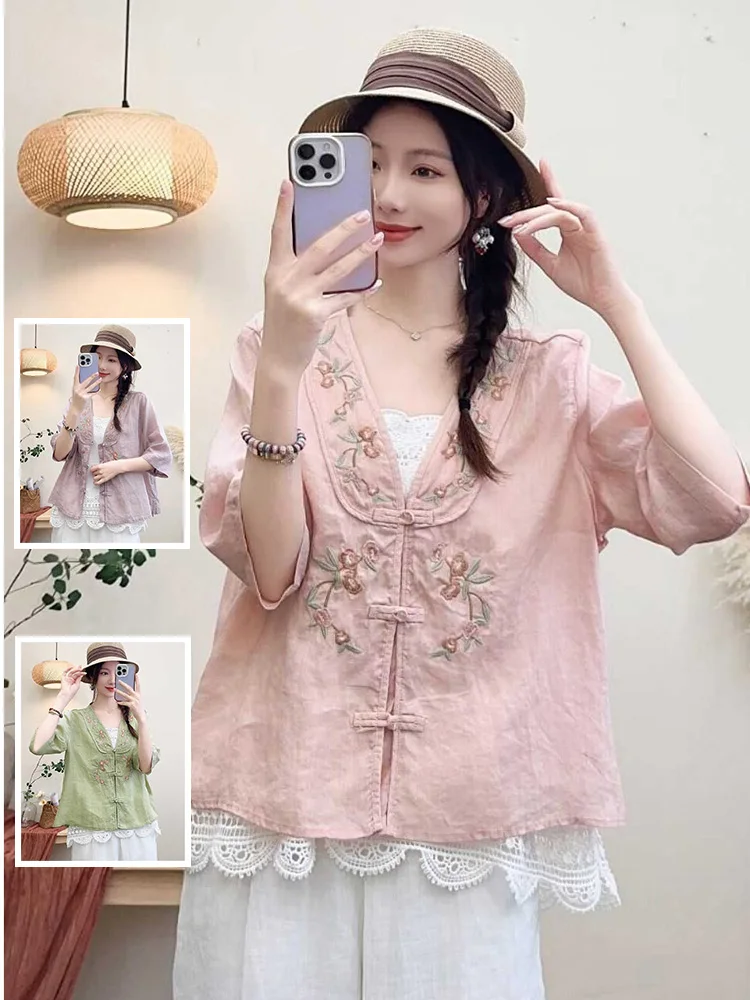 

Китайский свободный крой в стиле ретро, летний женский тонкий кардиган большого размера с v-образным вышивкой и цветком, топ из дышащего хлопка