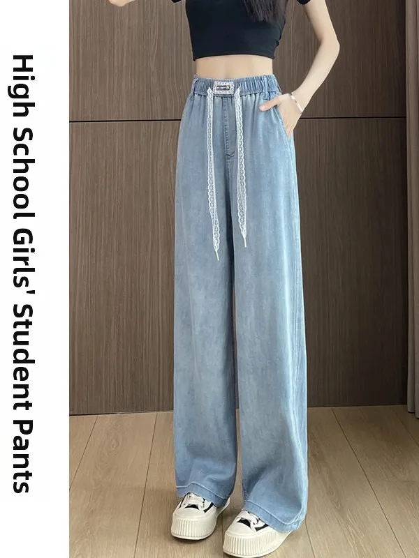 High Waist Straight Leg Silk Denim Jeans Thin Summer Wide Leg Casual High School Student Jeans Middle School Student Pants