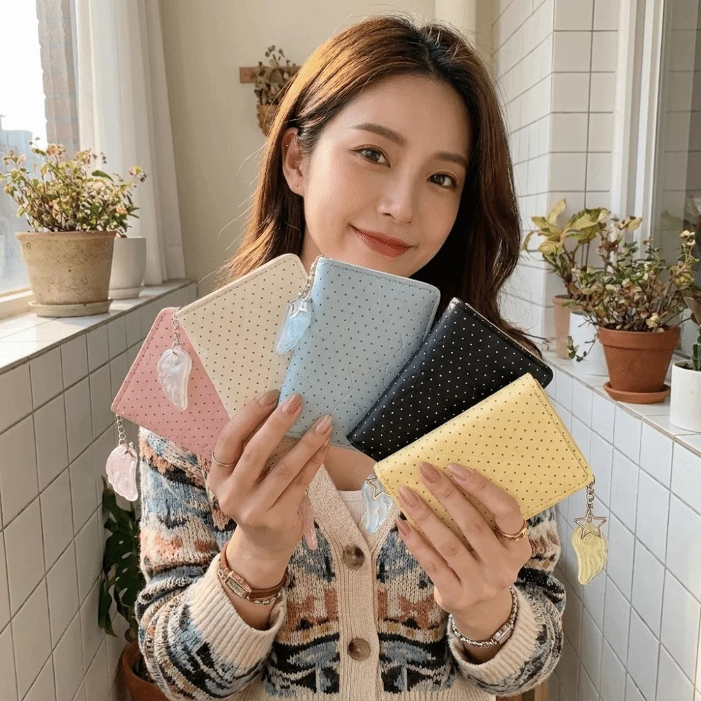 PU Leather Polka Dot Trifold Wallet Lightweight Star Wing Pendant Card Holder ID Window 5 Card Slots Mini Wallet Daily Use