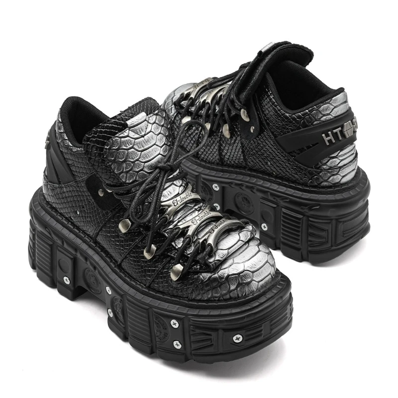 

Fashion Women Punk Platform Shoes for Woman's Lace-Up Round Toe Metal Decoration Thin Heels Sneakers Gothic Party Nightclub Shoe