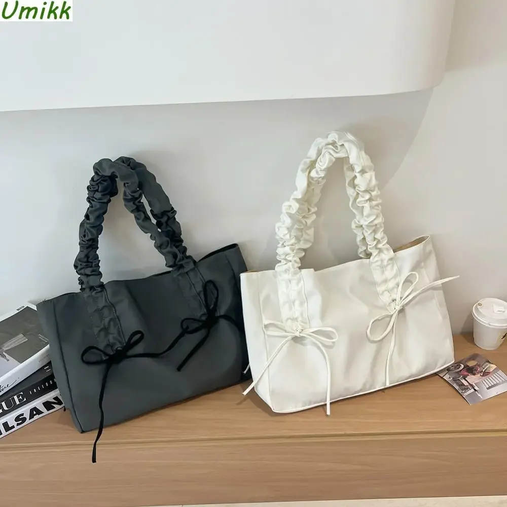 

Women Nylon Tote Bag Fashion Shoulder Bag Large Capacity with Bow Trendy Messenger Bag Pleated Shoulder Strap Chic Hobo Bag