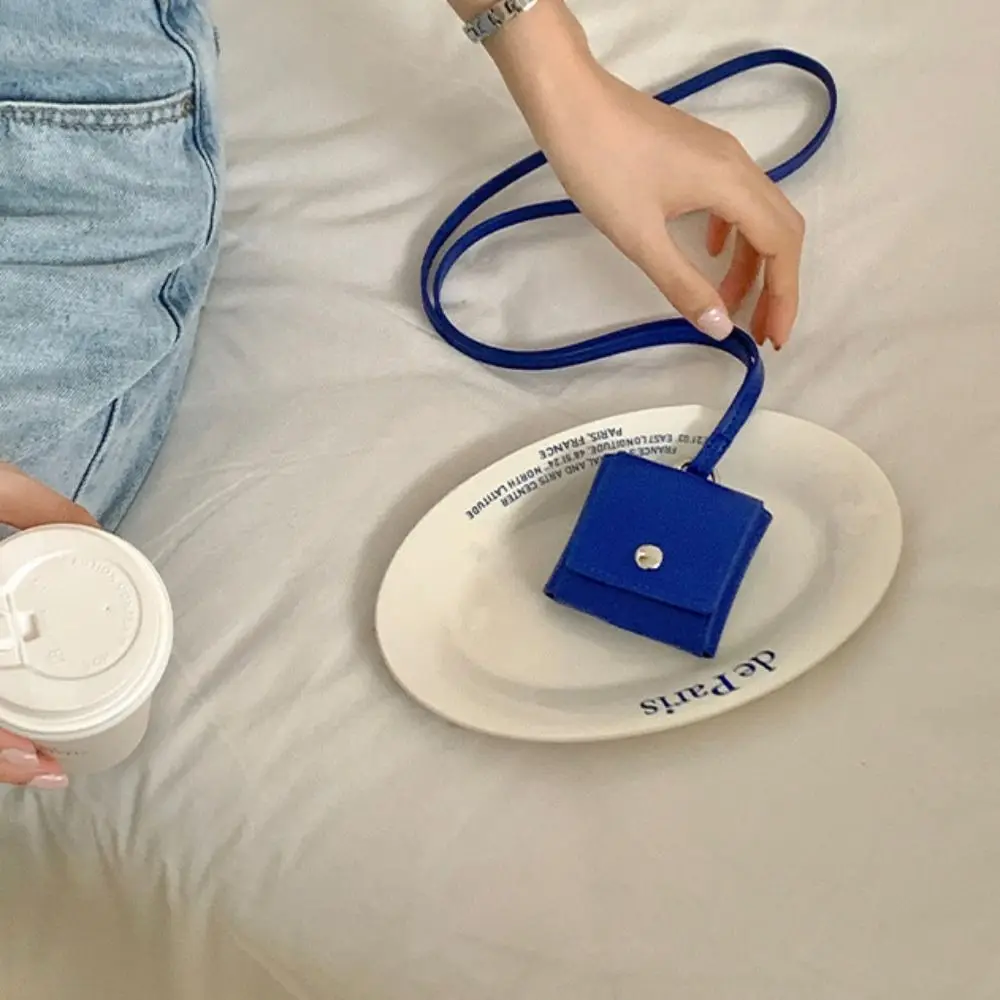 Portable Hanging Neck Headphone Bag Square PU Leather Lanyard Lipstick Bag Multifunctional Card Holder Small Coin Purse Party