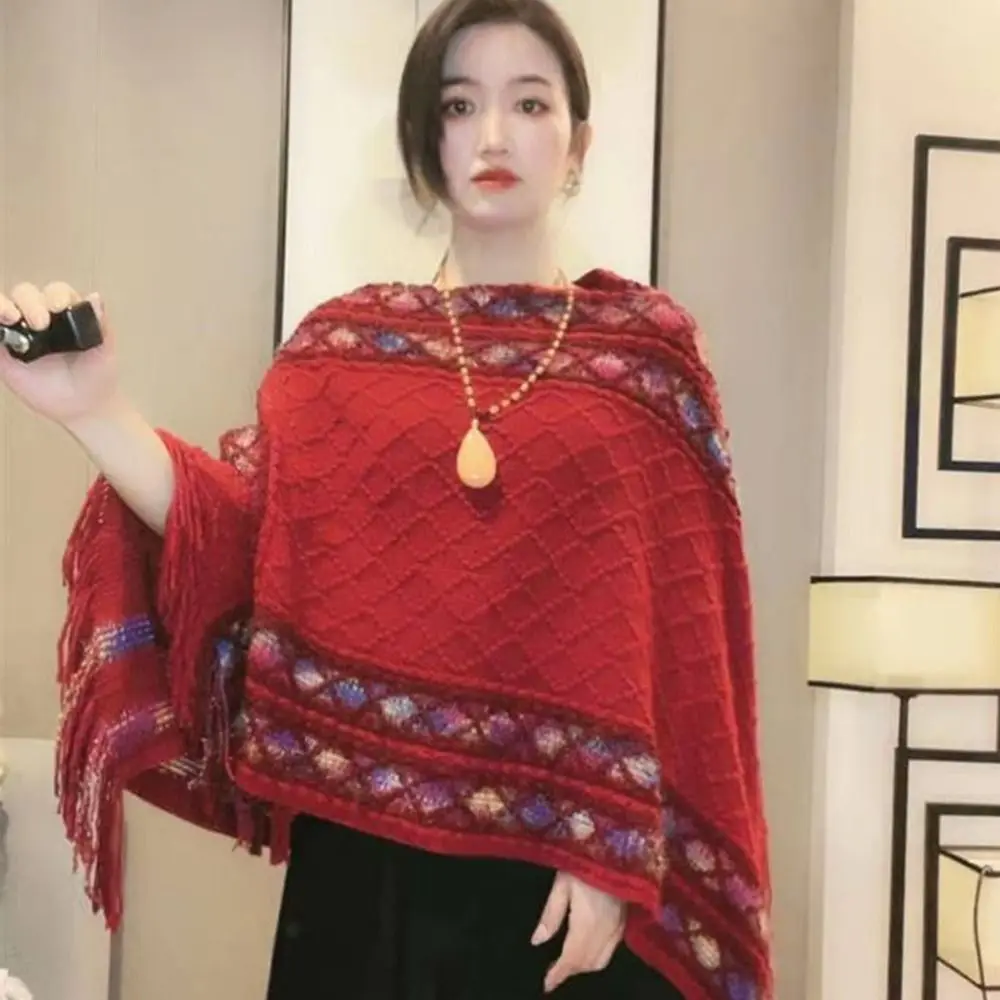 Fashion Mongolian Poncho Women\'s Soft Ethnic Style Knitted Cape Rhombic Stripe Tassel Shawl Coat Overlays Knitting Wraps